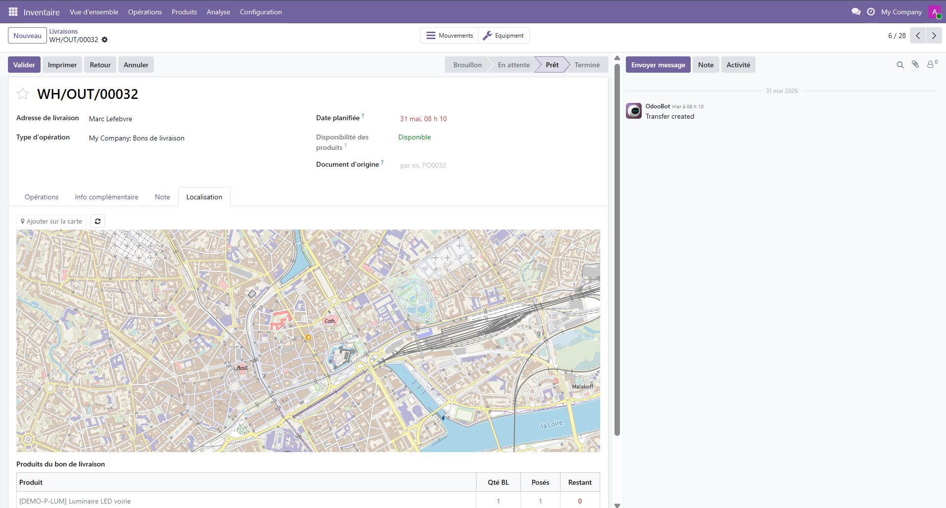 Bon de livraison Odoo avec carte de géolocalisation