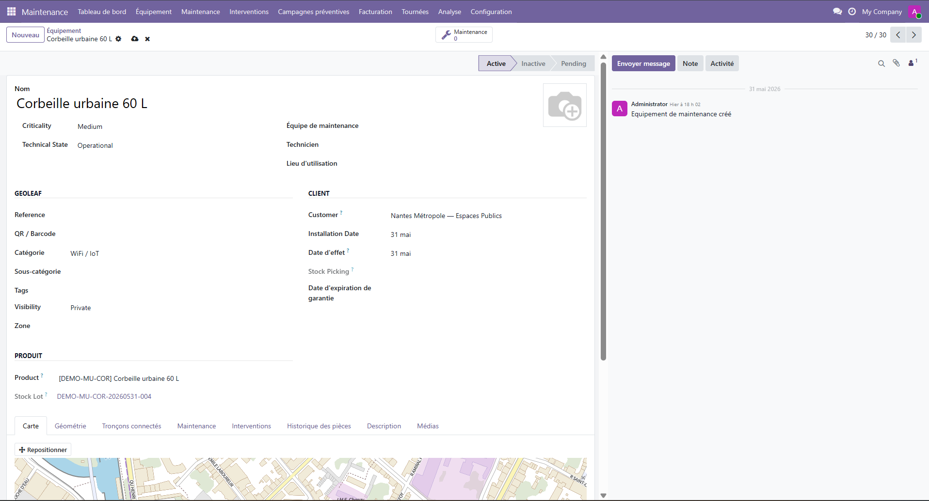 Fiche équipement Odoo avec widget carte intégré