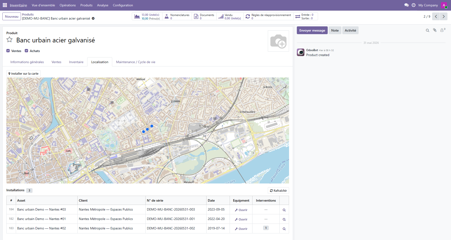 Fiche produit Odoo avec carte des installations et stock