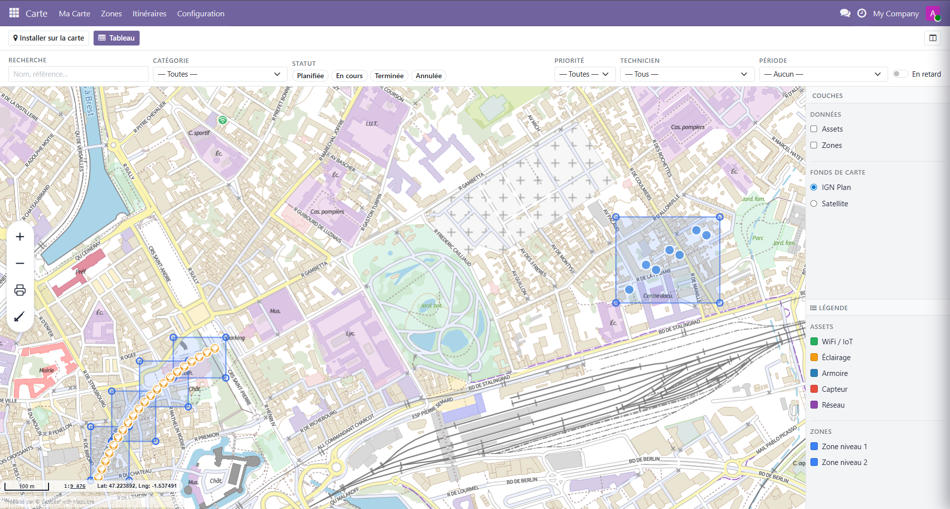 My Map — vue carte pleine page dans Odoo, fond de plan IGN